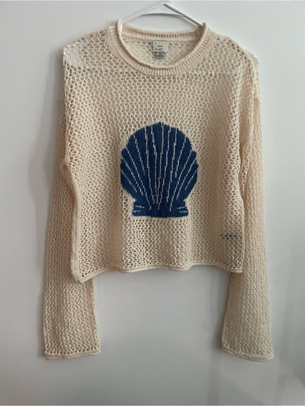 A New Day Women’s Open Work Shell Pullover Sweater Cream/Blue Size Medium NWOT